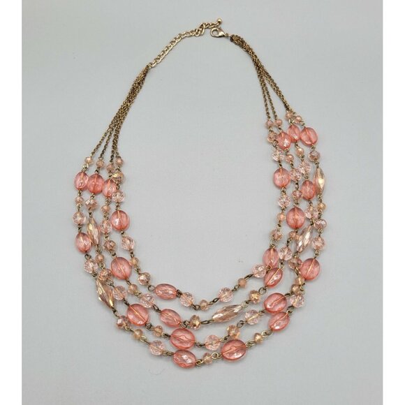 Multi-Strand Pink Peach Beaded Springtime Necklace Gold Tone Lobster Clasp - Picture 2 of 4